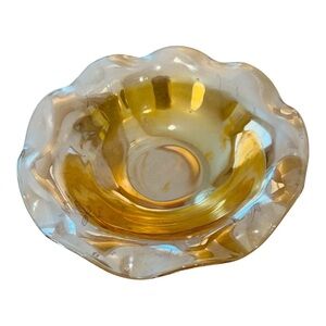 Vintage Amber Depression Glass Etched Floral Ruffled Bowl 9.5”